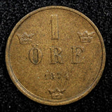 SWEDEN Oscar II Bronze 1874 1 Öre small letters 1st Year Type XF KM# 734 (512)