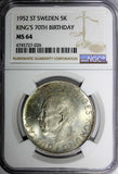 SWEDEN Silver 1952 ST 5 Kronor NGC MS64 70th Birthday Gustaf VI Adolf KM# 828(6)