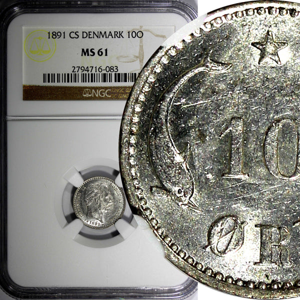 Denmark Christian IX Silver 1891 CS 10 Ore NGC MS61 Last Date KM# 795.1 (083)