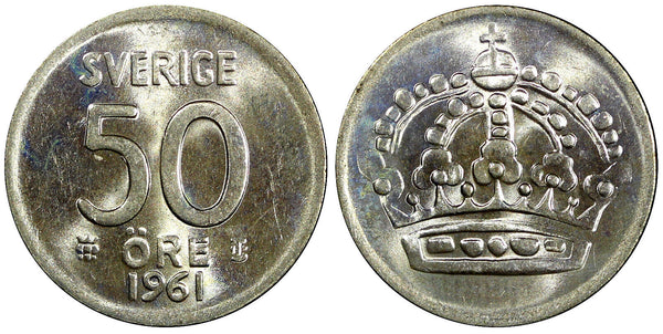 Sweden Gustaf VI Silver 1961 TS 50 Ore  Last Year Type GEM BU KM# 825 (007)