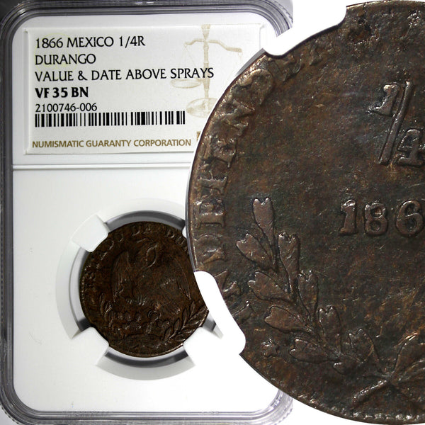 MEXICO Copper 1866 1/4 Real DURANGO NGC VF35 BN SCARCE TOP GRADED  KM# 349 (06)