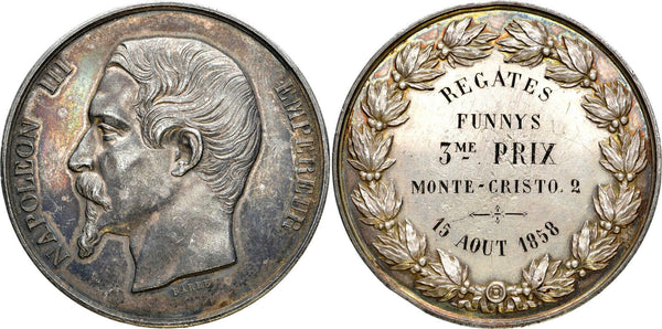 FRANCE NAPOLEON III Silver 1858 MEDAL by Barre.Regattas de Monte-Cristo. 50mm(4)