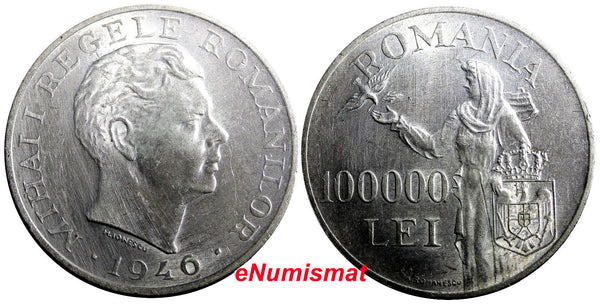 ROMANIA  Mihai I  Silver 1946  100 000 Lei  aUNC  25g  37mm  KM# 71  (6669)