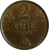 Norway Haakon VII Bronze 1909 2 Ore Mintage-520,000 RARE DATE XF/aUNC KM# 371