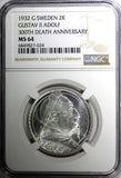 SWEDEN Silver 1932 G 2 Kronor NGC MS64 Death of Gustaf II Adolf BU KM# 805 (24)