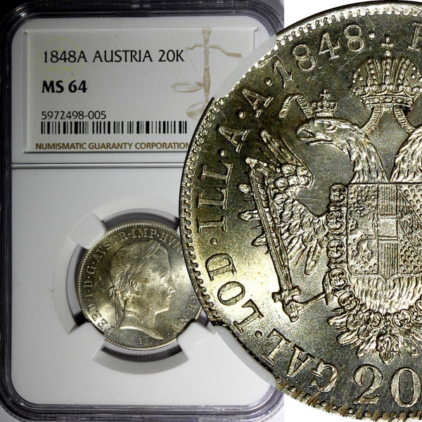 Austria Ferdinand I Silver 1848 A 20 Kreuzer NGC MS64 Last Year KM# 2208 (005)