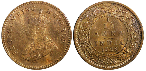 India-British George V Bronze 1928 (B) 1/12 Anna UNC KM# 509 (23 675)