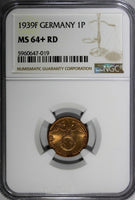 Germany-Third Reich Bronze 1939 F 1 Reichspfennig NGC MS64+ RD RED !!! KM#89 (9)