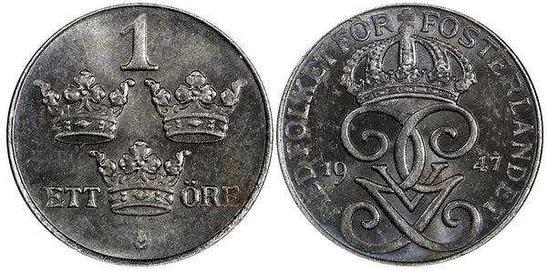 Sweden Gustaf V Iron 1947 1 Öre Choice Unc KM# 810 (21 863)