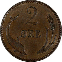 Denmark Christian IX Bronze 1902/802 VBP 2 Øre Overdate aUNC KM# 793.2 (19 639)