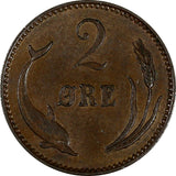 Denmark Christian IX Bronze 1902/802 VBP 2 Øre Overdate aUNC KM# 793.2 (19 639)