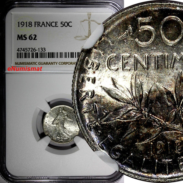 FRANCE Silver 1918 50 Centimes NGC MS62  NICE TONED KM# 854 (133)