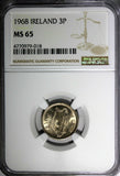 Ireland Republic Copper-Nickel 1968 3 Pence NGC MS65 Hare KM# 12a