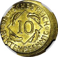 Germany-Weimar  1924-A 10 Rentenpfennig NGC MINT ERROR MS65 SCARCE KM#33 (096)