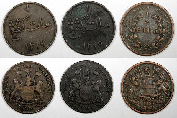 British East Indies LOT OF 3 COINS 1804//AH1219 1 Keping ,1853 1/2 Pice (588)