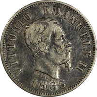 Italy Vittorio Emanuele II Silver 1863 M BN 50 Centesimi 1st Year KM# 14.1 (379)
