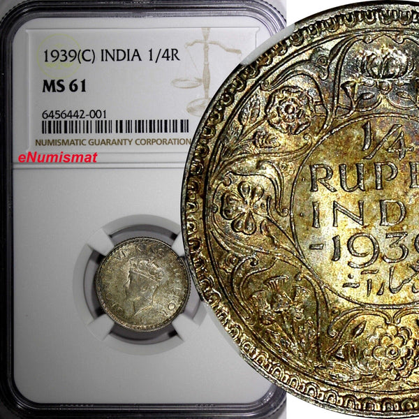 India-British George VI Silver 1939 (C) 1/4 Rupee Calcutta NGC MS61 KM# 544 (01)