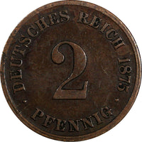 Germany-Empire Wilhelm I Bronze 1875 C 2 Pfennig Frankfurt am Main Mint KM# 2(9)
