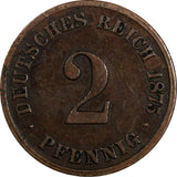 Germany-Empire Wilhelm I Bronze 1875 C 2 Pfennig Frankfurt am Main Mint KM# 2(9)