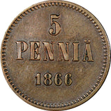Finland Russia Alexander II Copper 1866 5 Pennia XF  KM#4.1 (21 079)
