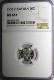 SWEDEN Gustaf V Silver 1933 G 10 Öre SCARCE DATE NGC MS65+ KM# 780 (29)