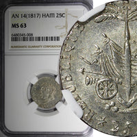 HAITI Silver AN 14 (1817) 25 Centimes NGC MS63 Mint Luster Toned KM# 15.1  (008)