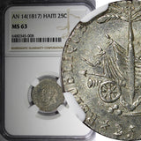 HAITI Silver AN 14 (1817) 25 Centimes NGC MS63 Mint Luster Toned KM# 15.1  (008)