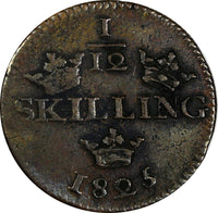 SWEDEN Carl XIV Johan Copper 1825 1/12 Skilling Reeded Edge KM# 616 (17 872)