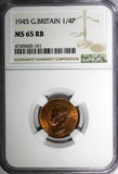 Great Britain George VI Bronze 1945 Farthing NGC MS65 RB RED TONING KM# 843 (61)