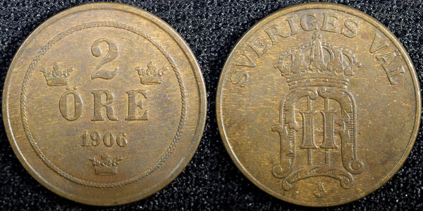 Sweden Oscar II Bronze 1906 2 Öre 2 Years Type KM# 769 (22 978)