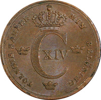 Sweden Carl XIV Bronze 1840 1/6 Skilling Banco aUNC High Grade KM# 639 (848)