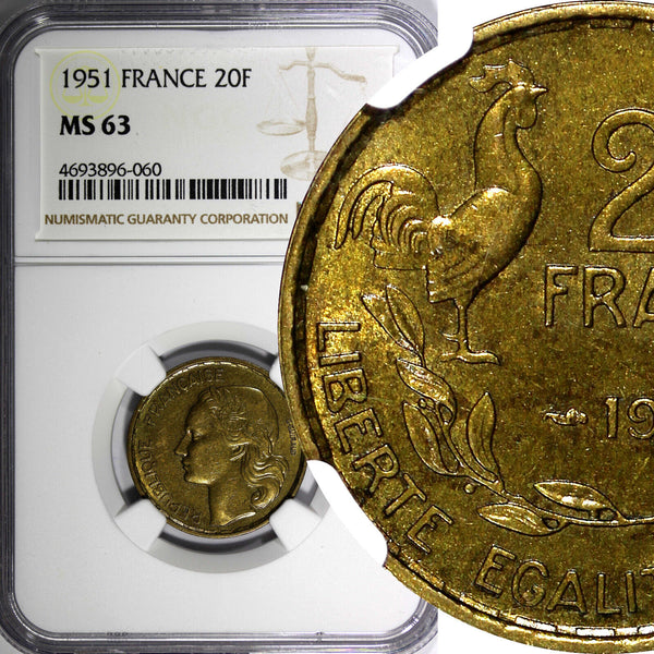 France Aluminum-Bronze 1951 20 Francs NGC MS63 KM# 917.1 (060)