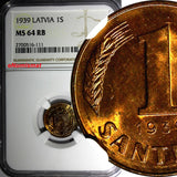 LATVIA Bronze 1939 1 Santims NGC MS64 RB Nice Red Toning BU KM# 10 (111)