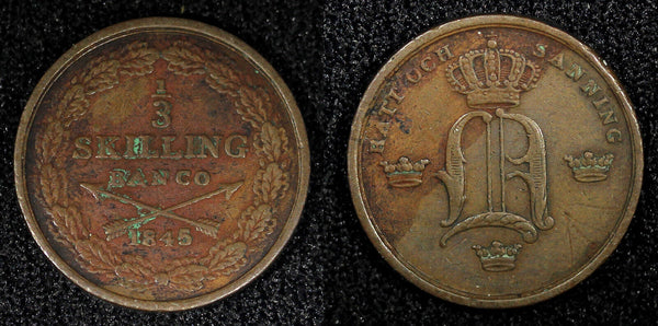 Sweden Oscar I Copper 1845 1/3 Skilling Mintage-192.240 KM# 657 (515)