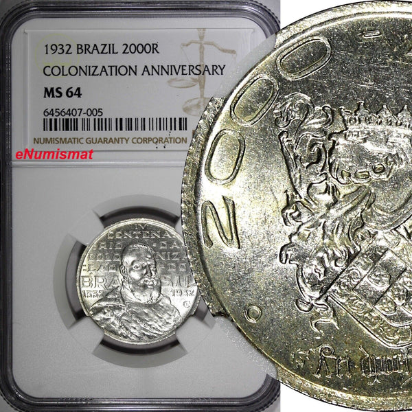 BRAZIL Silver 1932 2000 Reis NGC MS64 400th Anniversary of Colonization KM532(5)