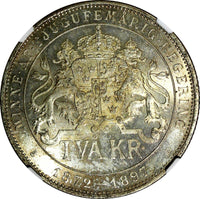 SWEDEN Silver Jubilee Oscar II 1897 EB 2 Kronor NGC MS65 KM# 762 (018)