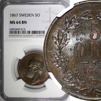 Sweden Carl XV Adolf (1859-1872) Bronze 1867 L.A.5 Öre NGC MS64  KM# 707 (015)