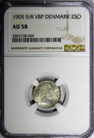 Denmark Christian IX Silver 1905 9/8  VBP 25 Ore NGC AU58 OVERDATE KM# 796.2 (9)