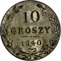 Poland Nicholas I Silver 1840 MW 10 Groszy Warszawa mint  aUNC C# 113a (14 780)