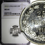 FINLAND Nicholas II Silver 1915 S 25 Pennia NGC MS64 WWI GEM BU KM #6.2 (005)