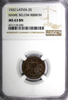 LATVIA 1922 2 Santimi Name below Ribbon Better Variety NGC MS63 BN KM# 2 (030)