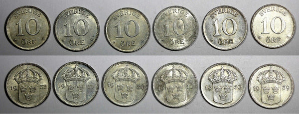 SWEDEN Gustaf V Silver LOT OF 6 COINS 1911-1939 10 Ore  KM# 780 (20 627)