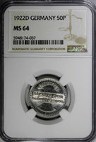 Germany, Weimar  Republic 1922 D 50 Pfennig NGC MS64 Munich Mint KM# 27 (037)