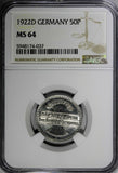 Germany, Weimar  Republic 1922 D 50 Pfennig NGC MS64 Munich Mint KM# 27 (037)
