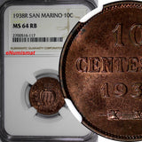 San Marino Bronze 1938-R 10 Centesimi NGC MS64 RB Mintage-400,000 KM# 13 (117)