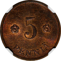 Finland Copper 1938 5 Penniä NGC MS63 BN TOP  GRADED BY NGC KM# 22 (050)