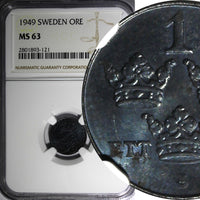 Sweden Gustaf V Iron 1949 1 Ore NGC MS63 KM# 810 (121)