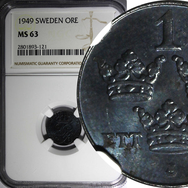 Sweden Gustaf V Iron 1949 1 Ore NGC MS63 KM# 810 (121)