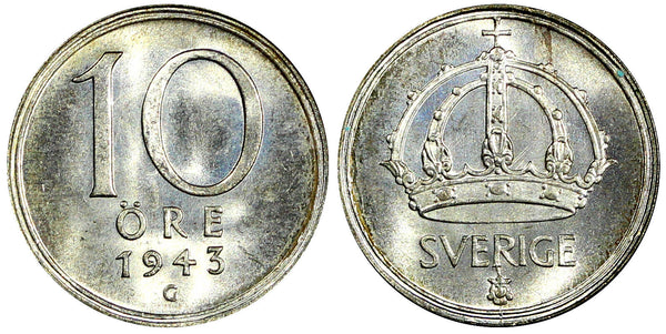 Sweden Gustaf V (1907-1950) Silver 1943 G 10 Öre BU KM# 813 (22 070)