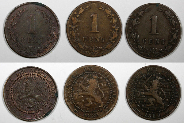 Netherlands Willem III Bronze LOT OF 3 COINS 1880 1883 ,1884  1 Cent KM# 107 (6)